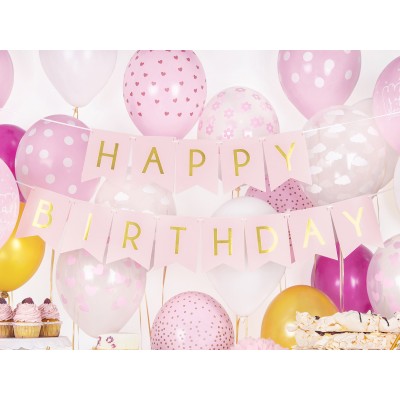 Banner Happy Birthday ροζ με χρυσά γράμματα,PartyDeco